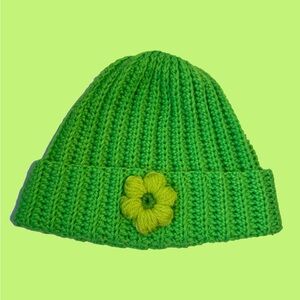 Green Crochet Beanie with Flower